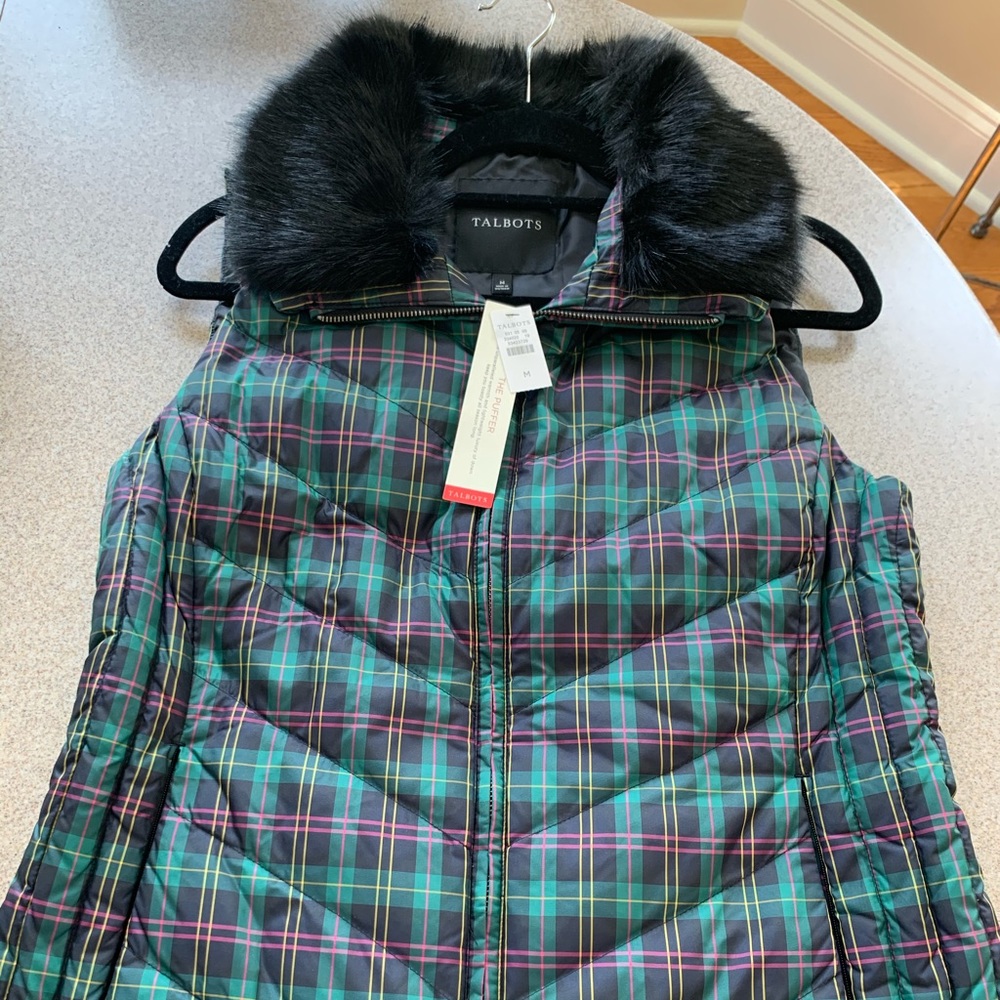 NWT Talbots puffer vest plaid w removable collar
